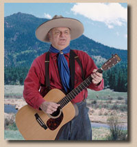 Graphic for Lonesome Ron Minnesota Yodeler, western cowboy singer either side by fence and field mountain and stream